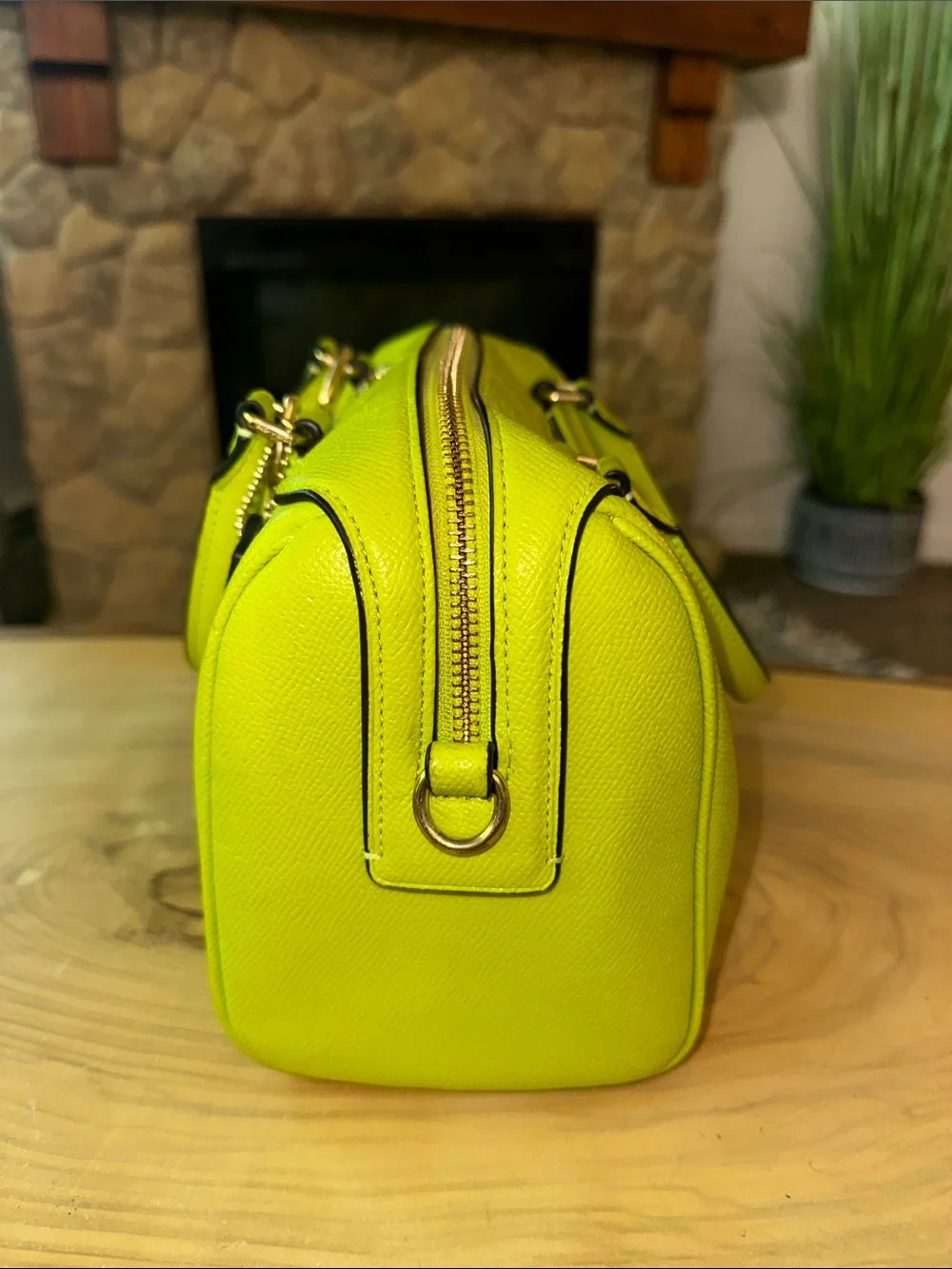 💚💛💚💛Coach Neon Yellow/lime Saffiano Leather Satchel with Cherry Charm
